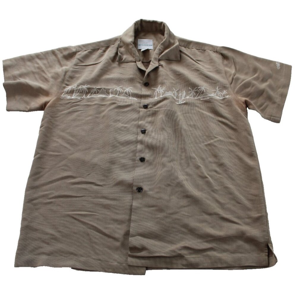 Bellagio Men’s L Brown Rayon Camp Shirt Embroidered Hawaiian Tiki SEE PHOTOS